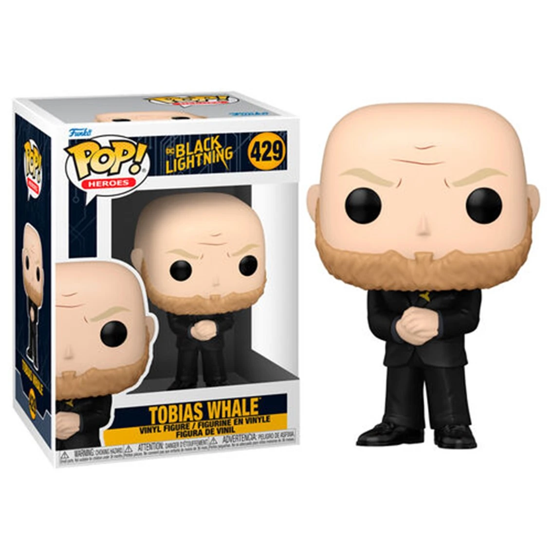 Una figura de Funko Pop de Tobias Whale, de Black Lightning. Es una figura calva con barba marrón, vestida con un traje negro. La caja está al lado.