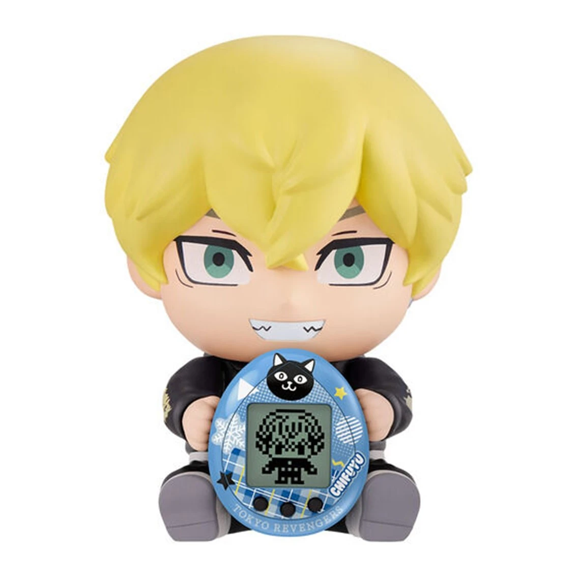 Una figura chibi con cabello rubio sosteniendo un Tamagotchi azul. Tiene ojos verdes y una pequeña sonrisa. El Tamagotchi muestra un personaje.