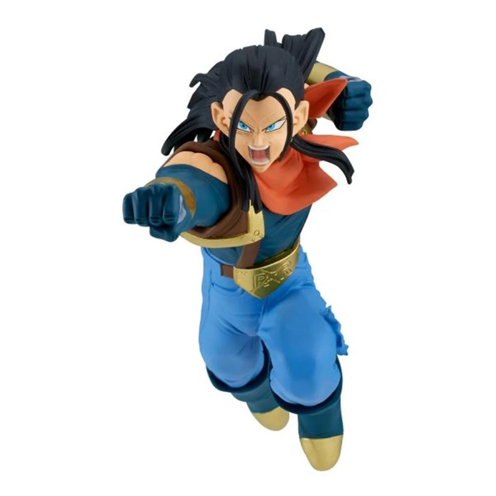 Una figura de Androide 17 en acción. Lleva pantalones azules, una parte superior azul oscuro y dorada, y una bufanda naranja. Pelo negro y ojos azules.