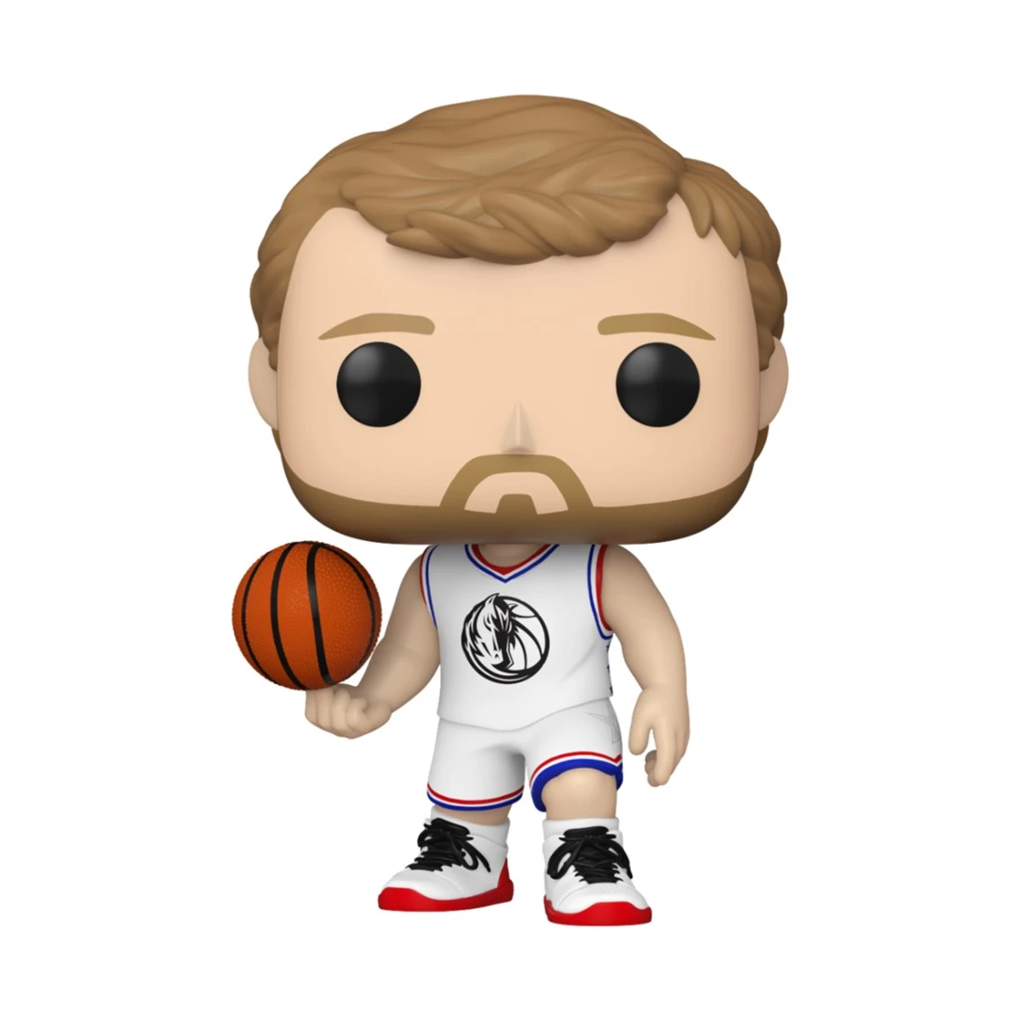 Eine Funko Pop-Figur eines Basketballspielers. Er trägt ein weißes Trikot und Shorts mit roten und blauen Verzierungen und hält einen orangefarbenen Ball.