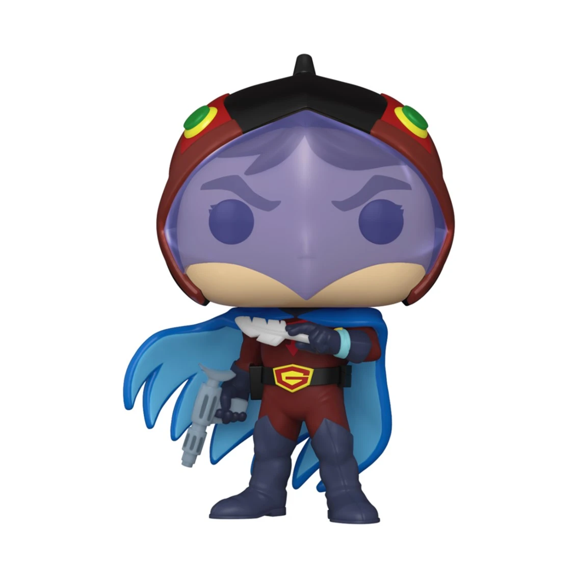 Eine Funko Pop-Figur eines Superhelden. Sie trägt einen roten Anzug, einen blauen Umhang und einen Helm mit violetter Gesichtsbedeckung. Hält eine Pistole.