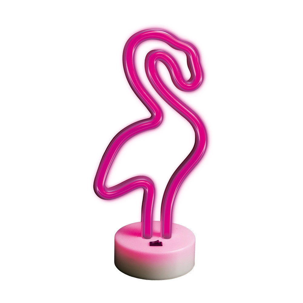 Una luz de flamenco rosa neón. Es una forma de contorno estilizada, de pie sobre una base blanca y rosa. El fondo es blanco.