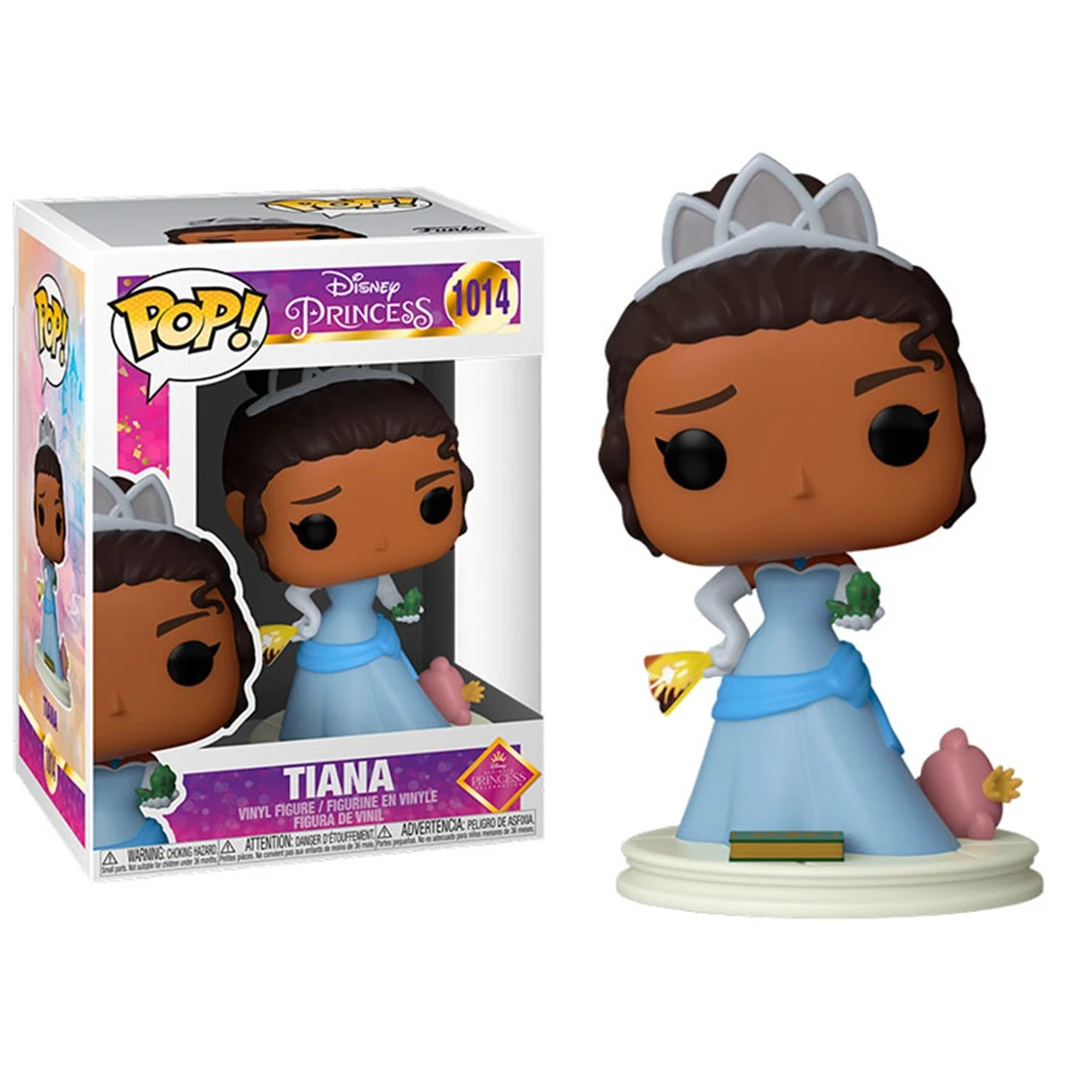 Eine Funko Pop-Figur von Tiana in einem blauen Kleid und Diadem aus Disneys Küss den Frosch. Die Box ist auch sichtbar.
