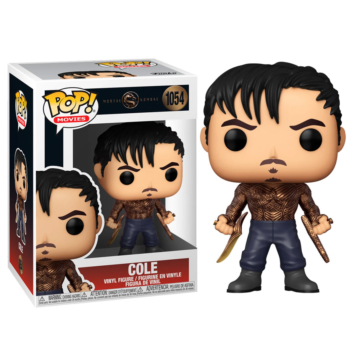 Eine Funko Pop Figur von Cole aus Mortal Kombat. Die Figur hat schwarzes Haar, einen Schnurrbart und hält zwei goldene Klingen.