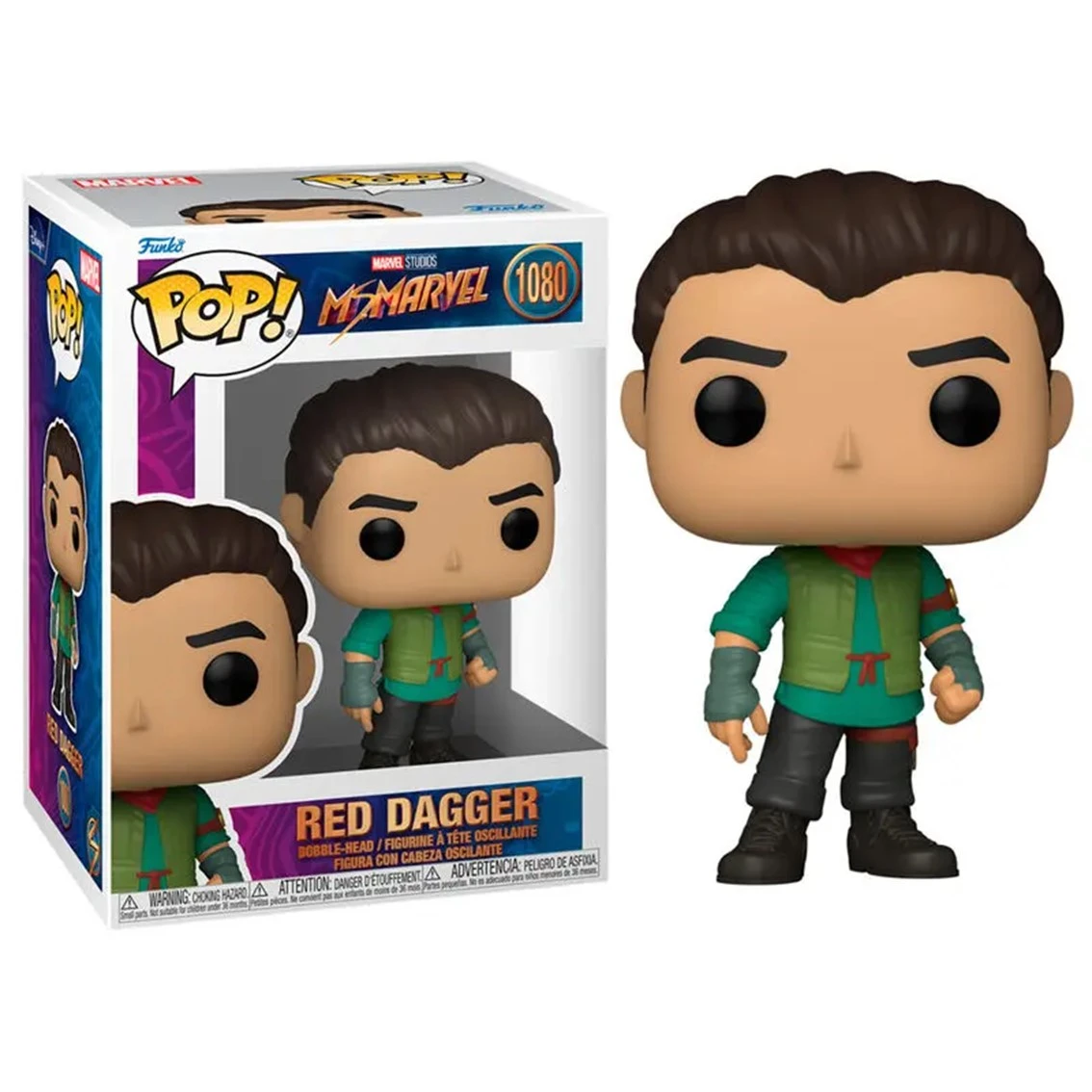 Una figura Funko Pop de Red Dagger de Ms. Marvel. La figura está en una caja y también de pie fuera de ella.