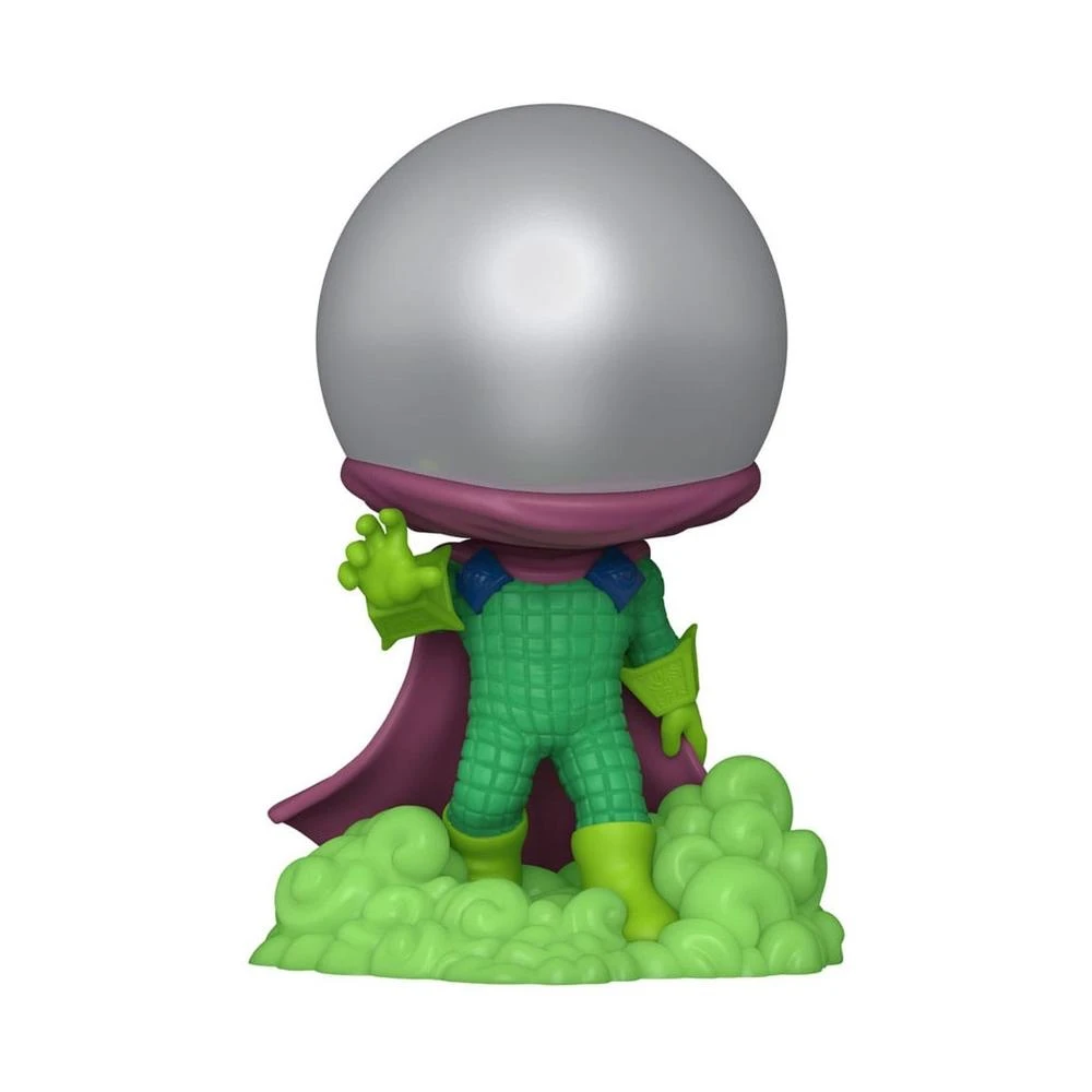 Una figura de Funko Pop de Mysterio. Presenta una gran cabeza esférica plateada, traje verde, capa morada y base de humo verde.
