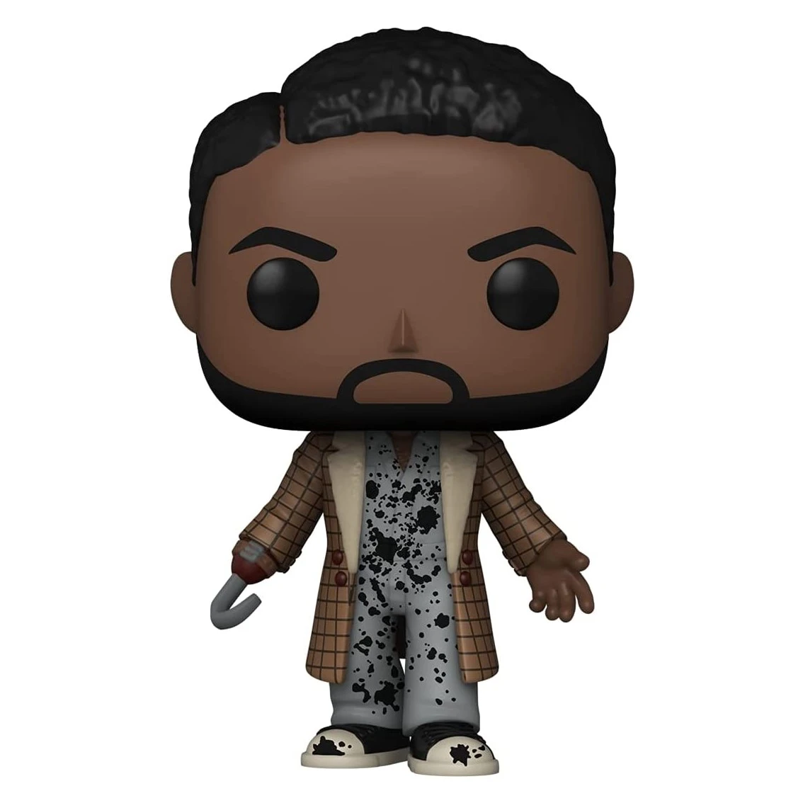 Figura Funko Pop de un hombre negro con una mano de gancho. Lleva un abrigo marrón, un mono gris con salpicaduras negras y zapatos negros.