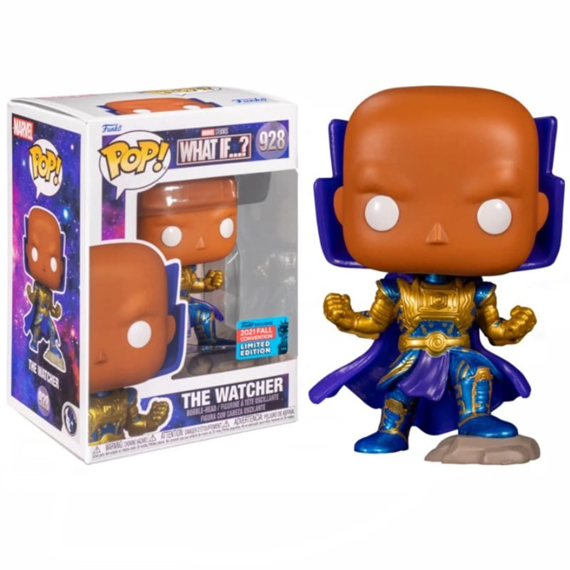 Una figura Funko Pop di 'The Watcher' della serie 'What If...?' della Marvel, in una scatola. La figura è arancione, blu e oro.