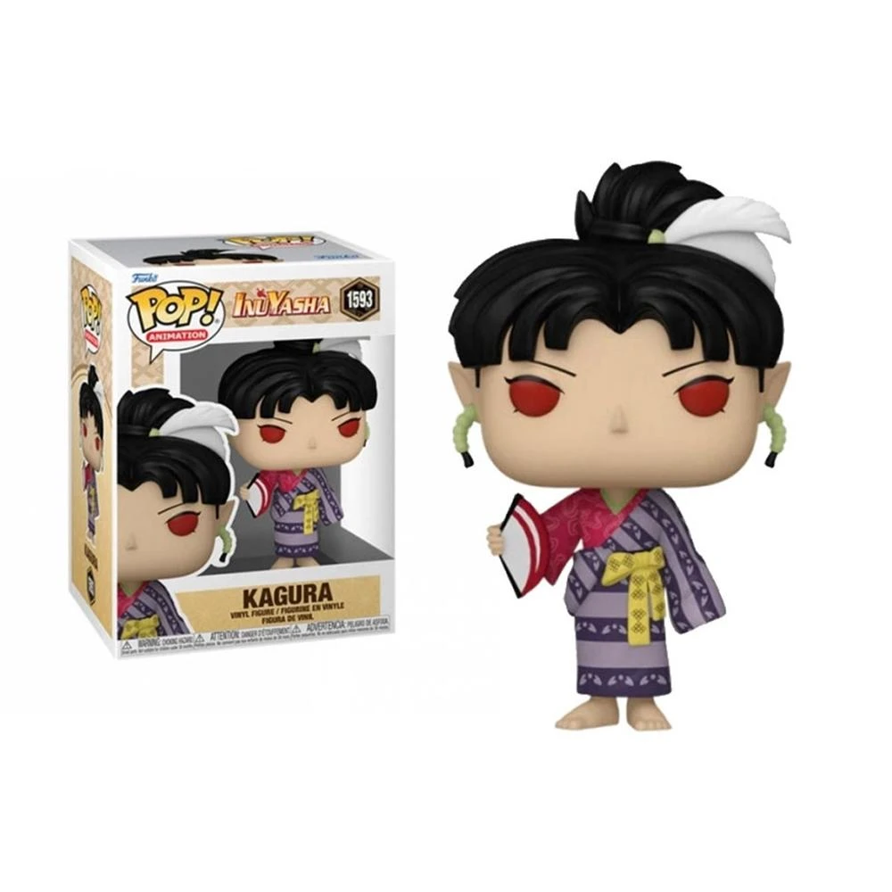 Una figura Funko Pop de Kagura de Inuyasha. Lleva un kimono, tiene pelo negro con una pluma blanca y sostiene un abanico. La caja es visible.