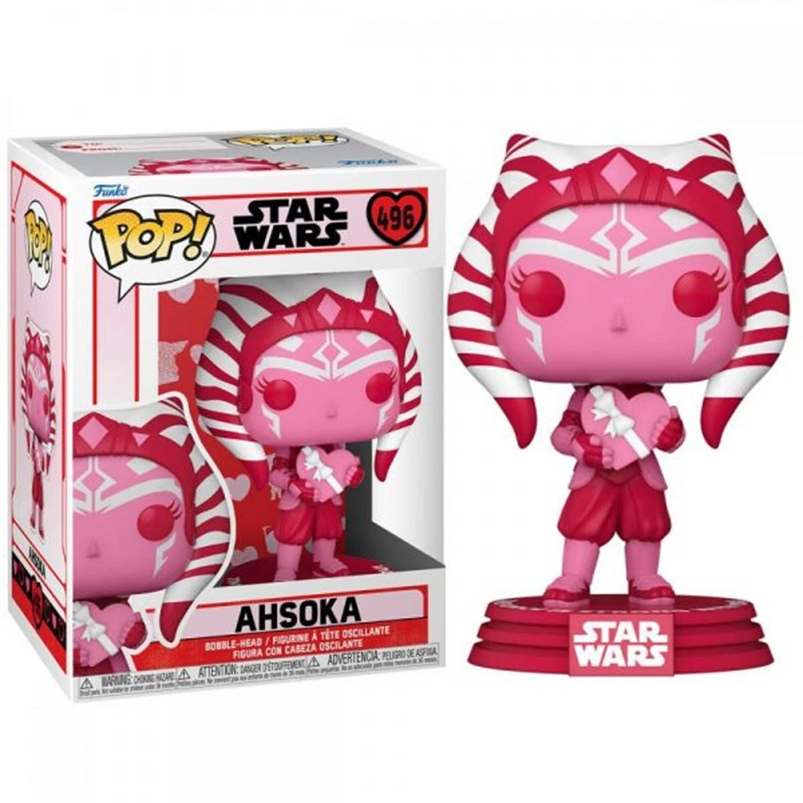 Eine pinkfarbene Ahsoka Funko Pop Figur, die ein Herz hält, neben ihrer Box. Die Box hat das Funko Pop und Star Wars Logo.