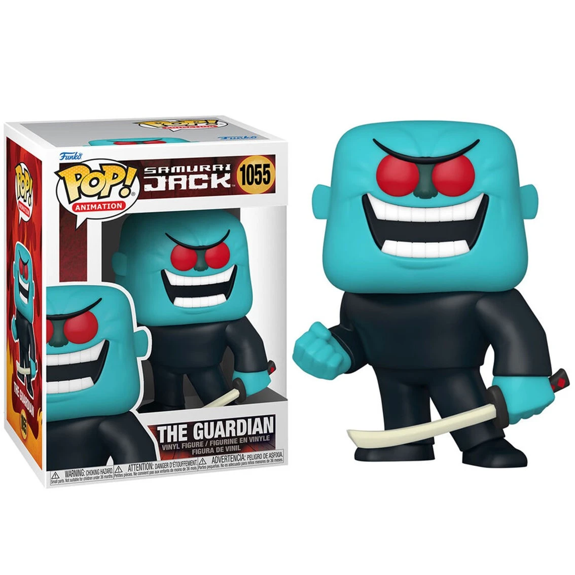 Una figura Funko Pop de The Guardian de Samurai Jack. Tiene cabeza turquesa, ojos rojos, atuendo negro y katana.