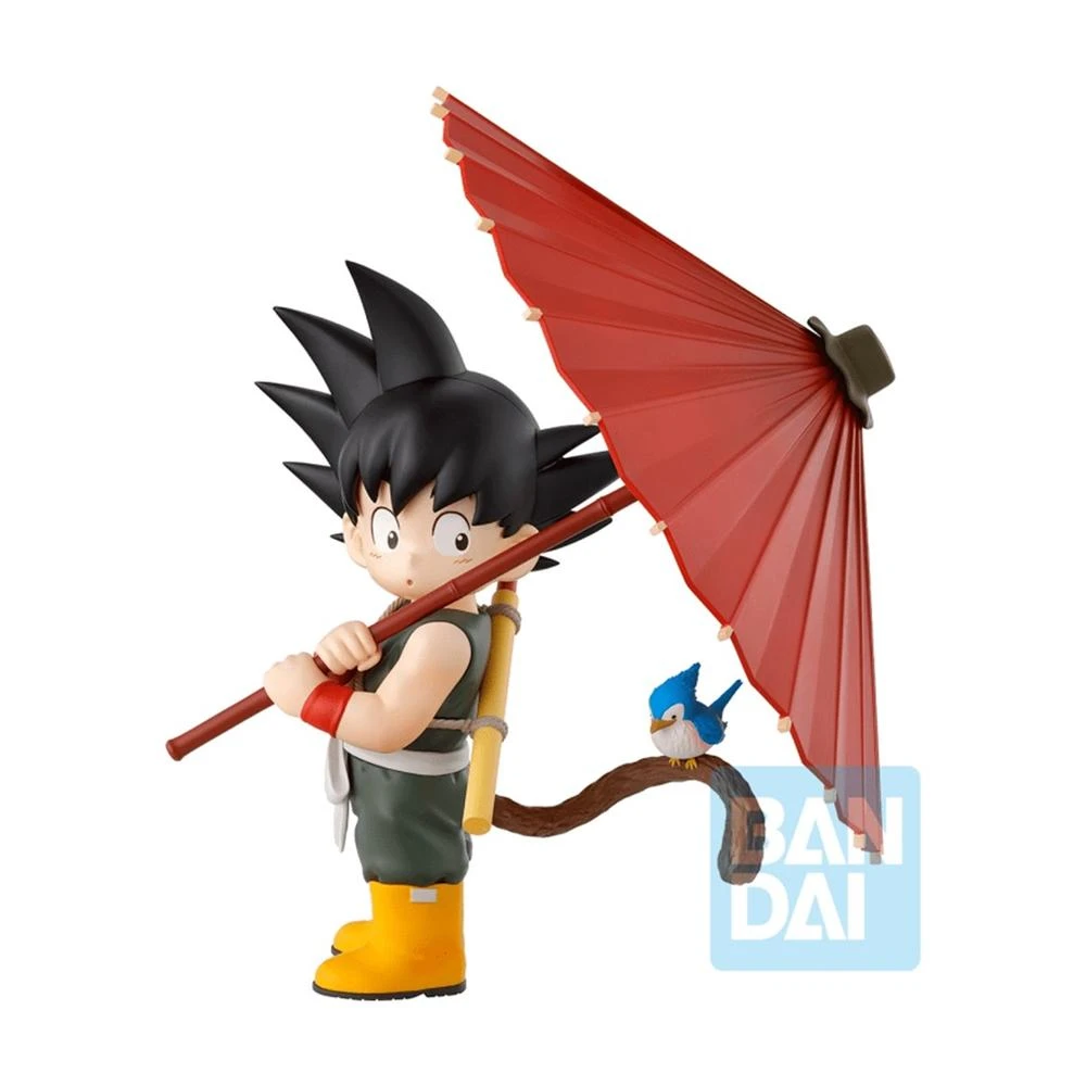 Una figura de Goku sosteniendo un paraguas rojo, con un pájaro azul en una rama. Lleva botas amarillas y un traje verde.