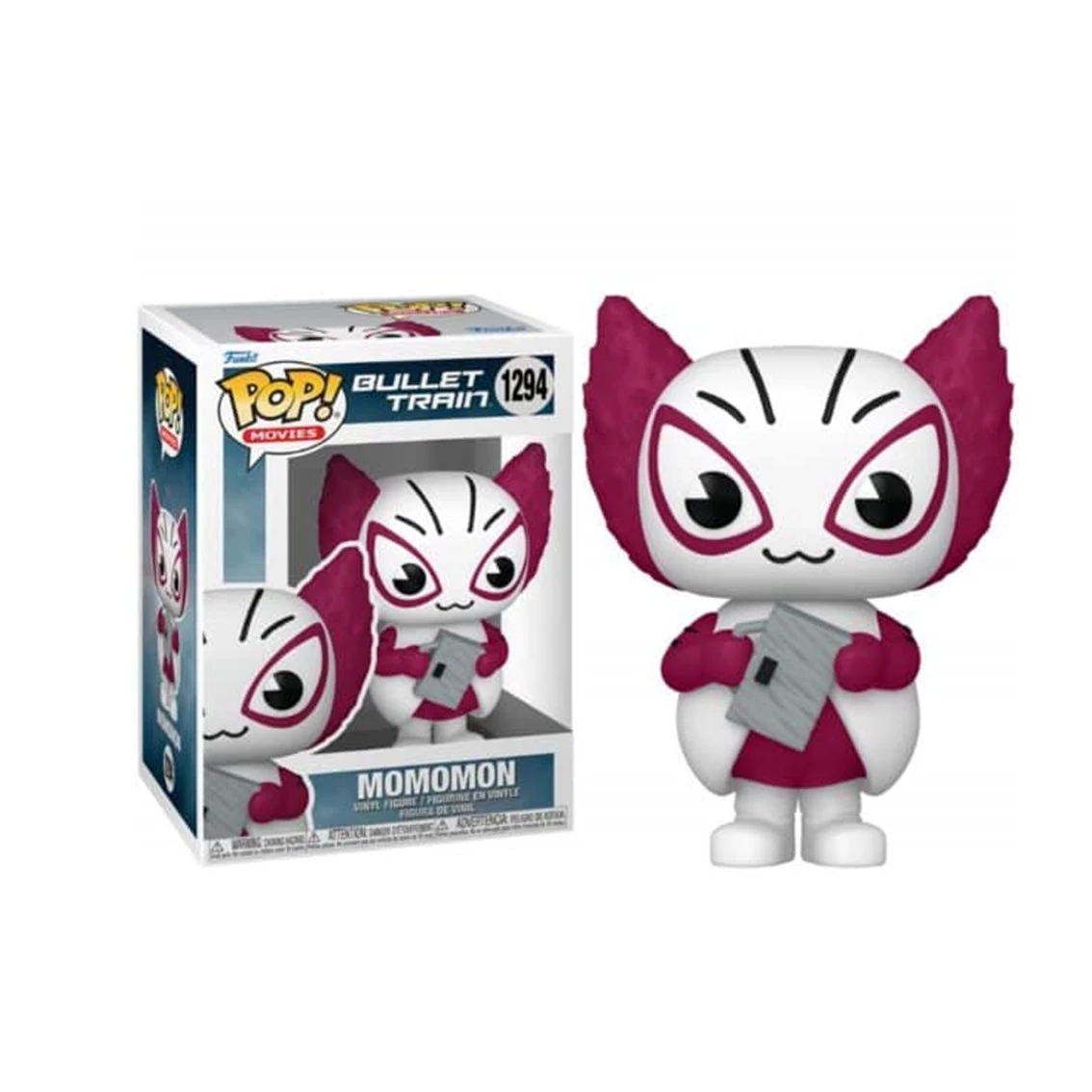 Una figura Funko Pop de Momomon de Bullet Train. Es blanco con detalles burdeos y sostiene un pequeño objeto gris.