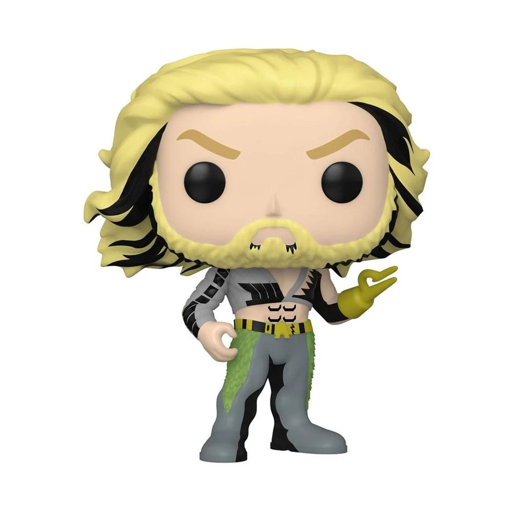 Figura Funko Pop de Aquaman. Tiene cabello rubio, barba y un traje de superhéroe. Sostiene una mano parecida a un tridente.