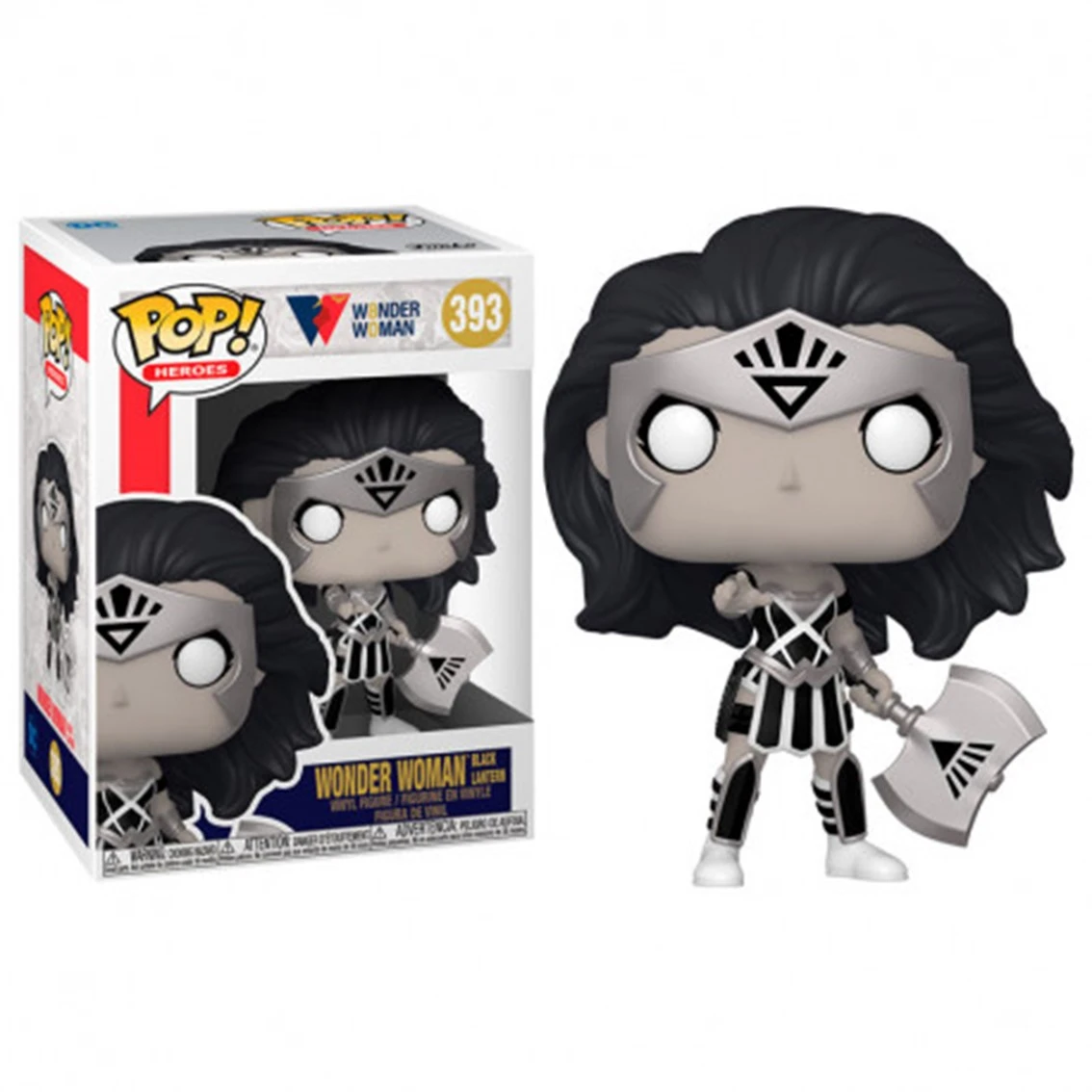 Eine Wonder Woman Funko Pop Figur. Sie hat schwarze Haare, silberne Rüstung und eine silberne Axt. Die Box ist auch sichtbar.