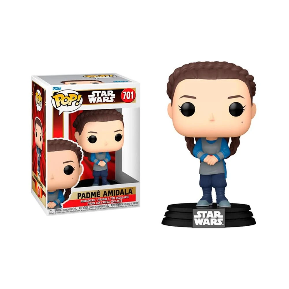 Una figura bobblehead de Funko Pop de Padmé Amidala y su caja están sobre un fondo blanco. La figura tiene el pelo trenzado y viste de azul y gris.
