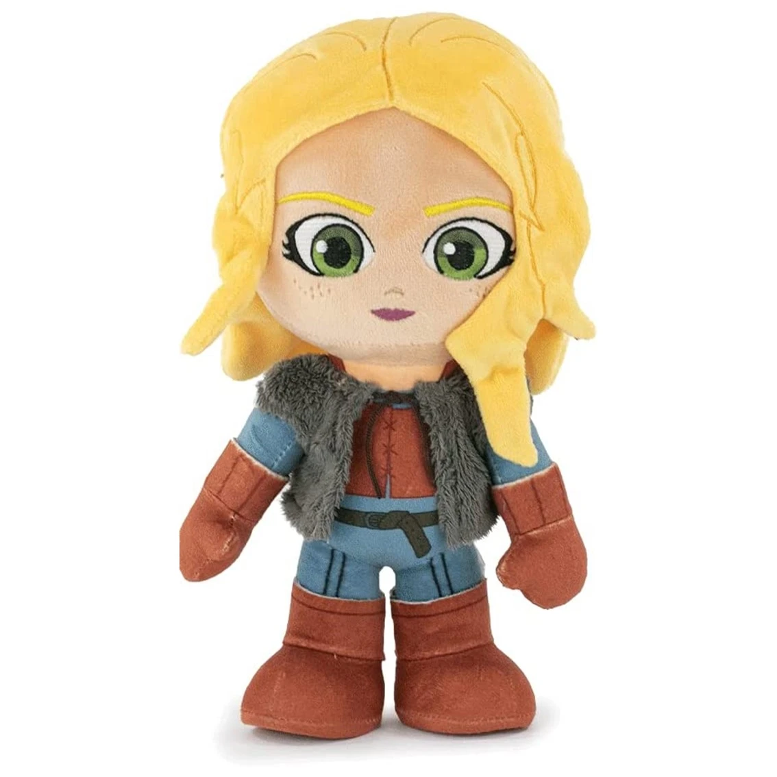 Eine Plüschpuppe eines Mädchens mit blonden Haaren und grünen Augen, das ein blaues und rotes Outfit, eine Fellweste und braune Stiefel trägt.