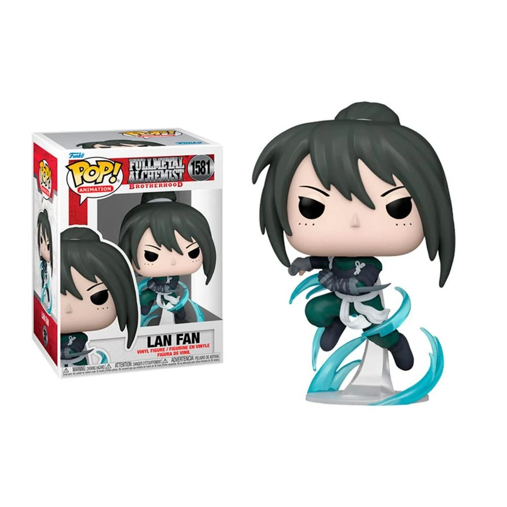 Figura de Funko Pop de Lan Fan. Tiene cabello negro recogido en un moño, un atuendo verde oscuro y está sobre una base azul. Una caja con la figura está a la izquierda.