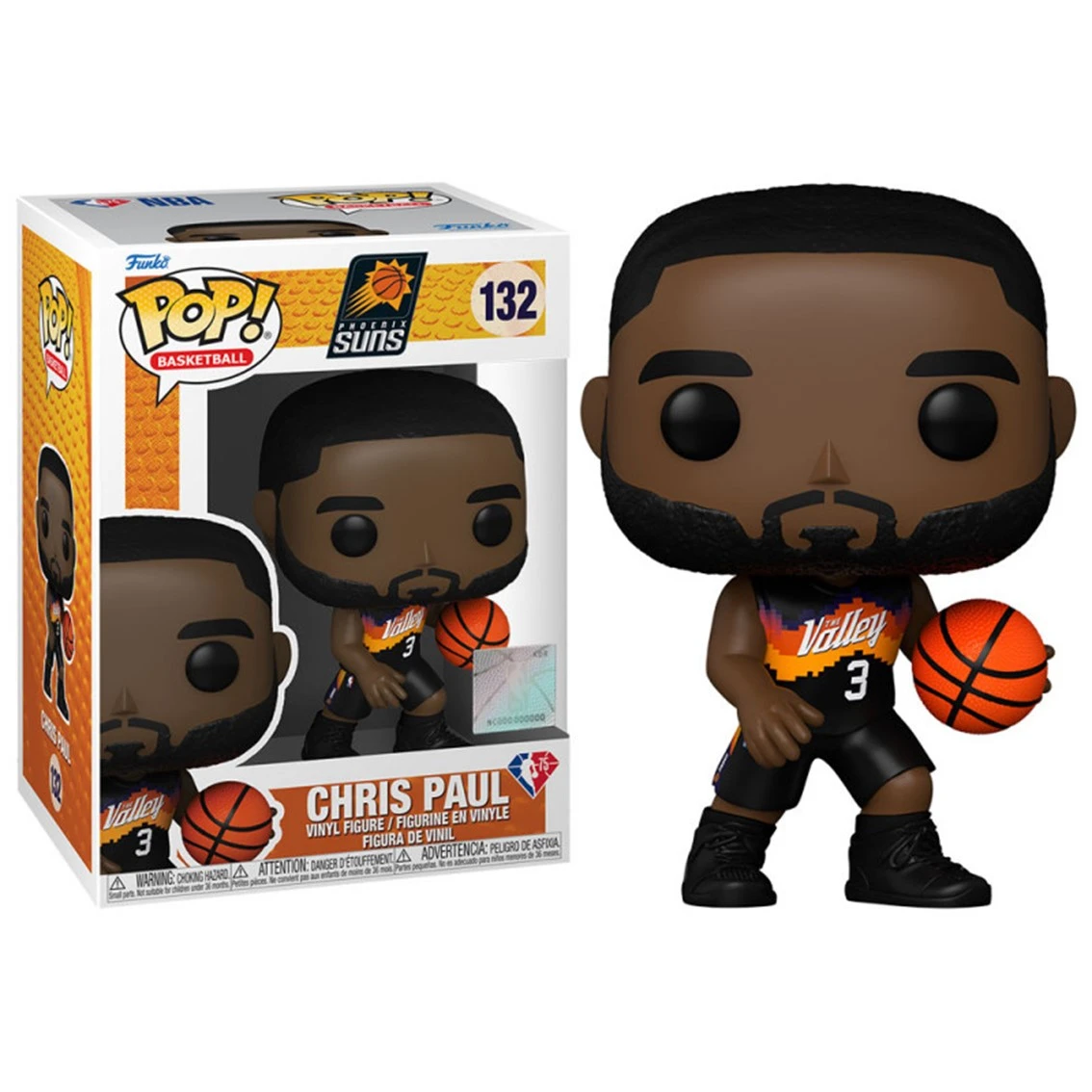 Una figura Funko Pop de Chris Paul con uniforme de los Phoenix Suns. La figura sostiene un baloncesto y está junto a su caja.