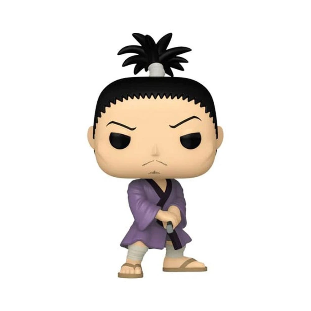 Una figura Funko Pop de un personaje con moño negro, túnica morada y sandalias. Sostiene una espada sobre un fondo blanco.