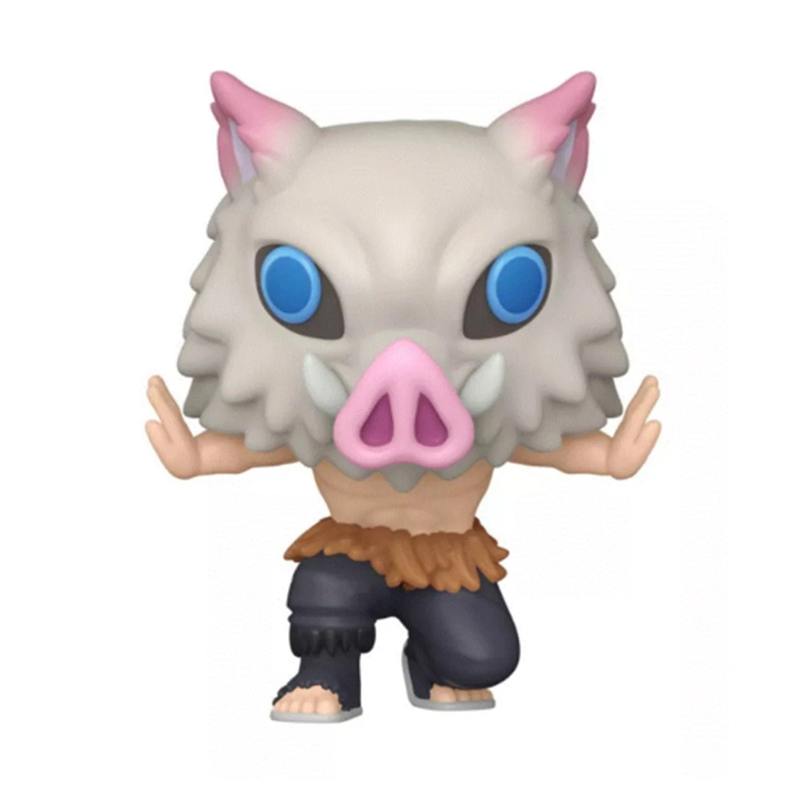 Figur eines Charakters mit Wildschweinkopfmaske, blauen Augen, rosa Nase und Ohren, braunem Fell und dunkler Hose, in Hockstellung.