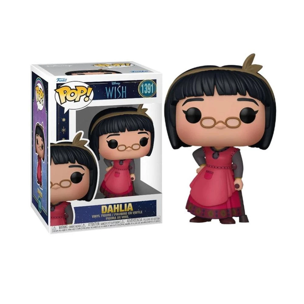 Una figura de Dahlia Funko Pop junto a su caja. Lleva gafas, un vestido rosa y un adorno para el pelo. La caja dice 'Wish'.