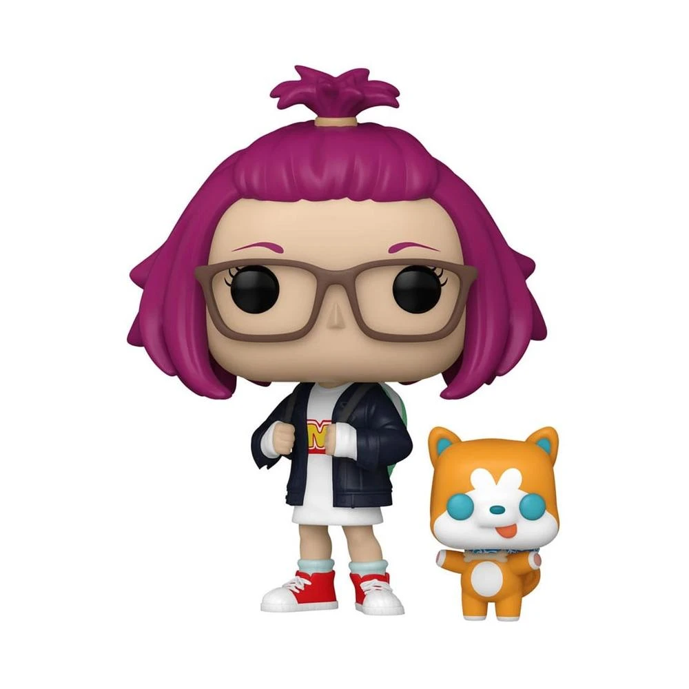 Ein Funko Pop eines Mädchens mit lila Haaren und Brille, das eine Jacke trägt, und ein kleiner, orangefarbener Hund.