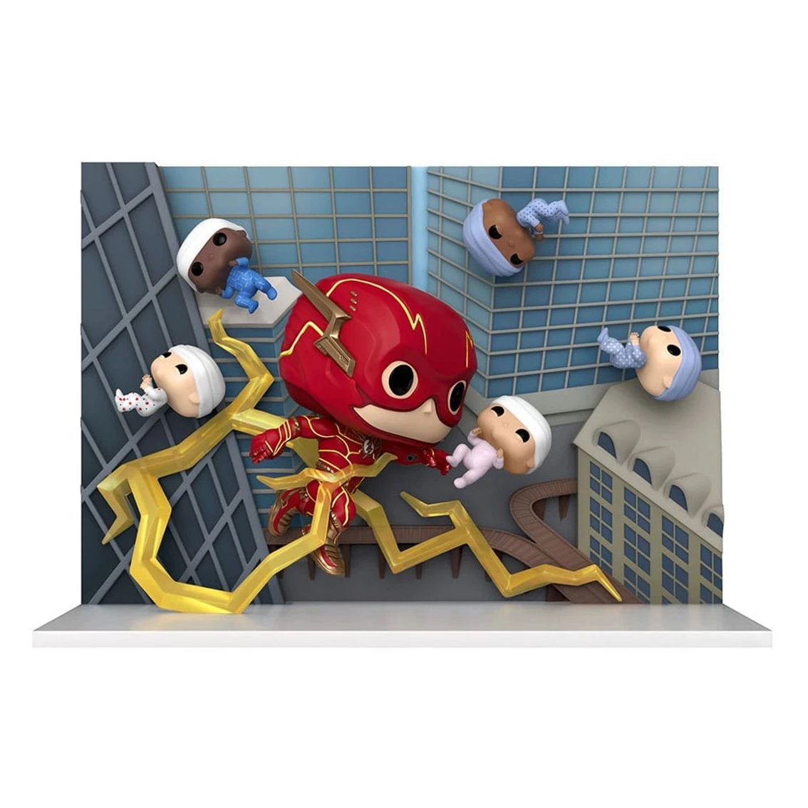 Un personaggio Flash Funko Pop salva dei bambini Funko Pop. Lo sfondo mostra una scena cittadina con fulmini.