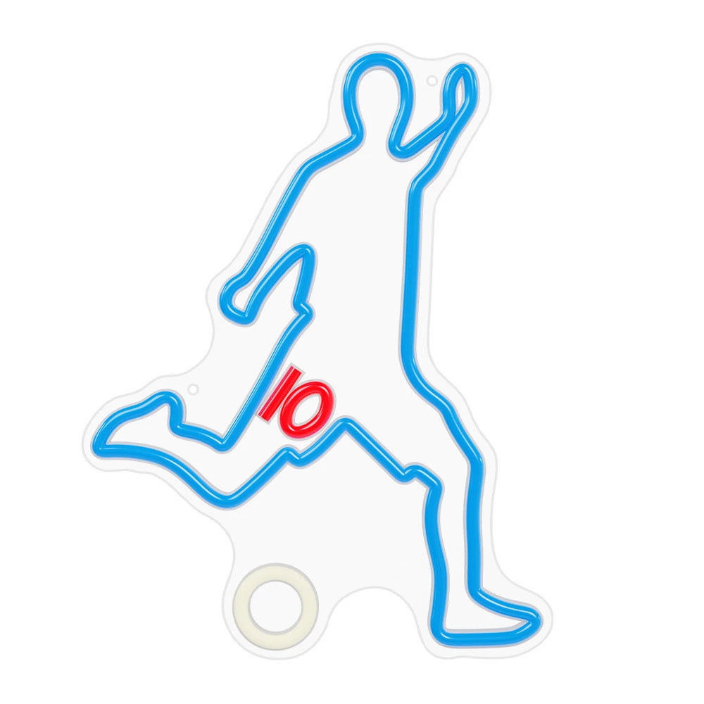 Un contorno azul de un jugador de fútbol pateando una pelota, con el número 10 en rojo, sobre un fondo blanco.