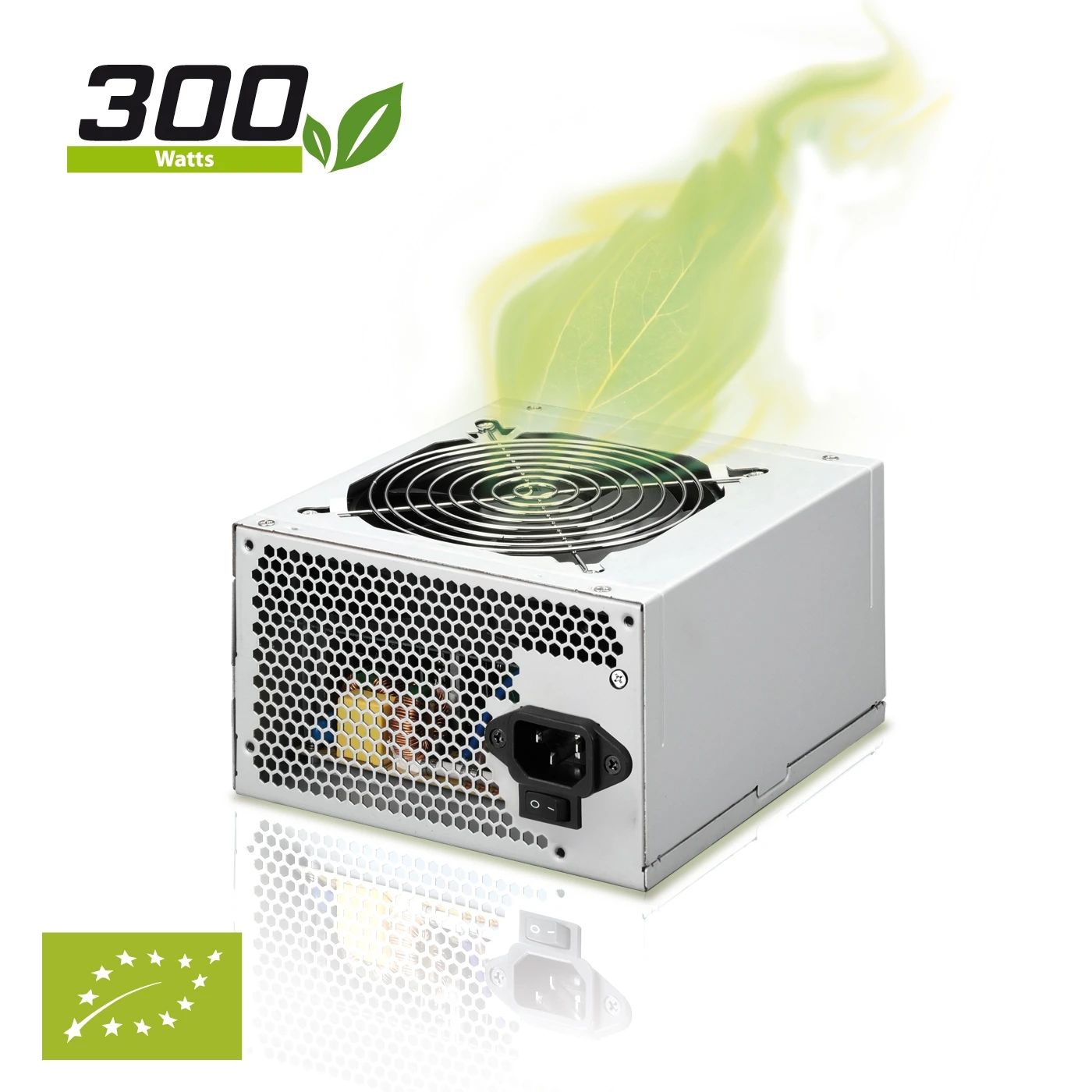 Un alimentatore per computer argentato con ventola, presa di corrente e grafica a forma di foglia verde, etichettato 300 Watt. Forma verde sullo sfondo.