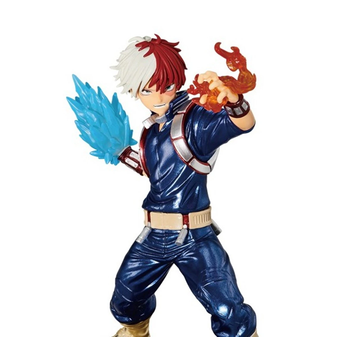 Figura de personaje masculino con pelo blanco y rojo, con traje azul, sosteniendo efectos de hielo y fuego.