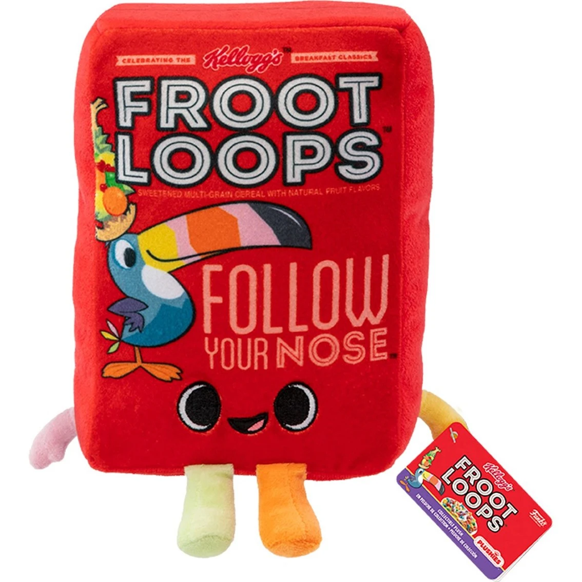 A red Froot Loops plushie with a toucan and the text "FOLLOW YOUR NOSE". It has arms, legs and a tag.