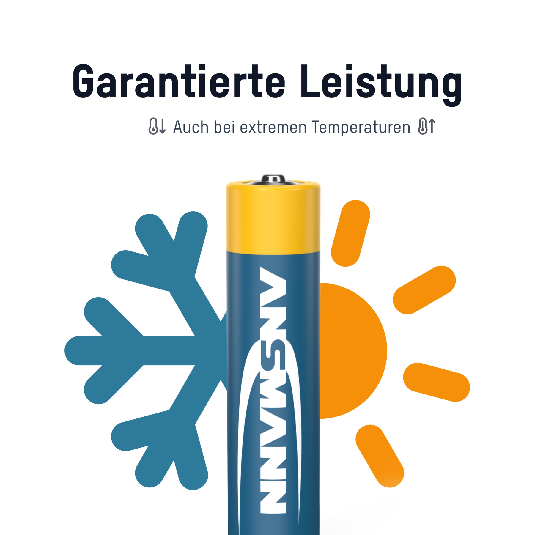 Obraz przedstawia baterię, płatek śniegu i słońce, symbolizujące wydajność w ekstremalnych temperaturach.