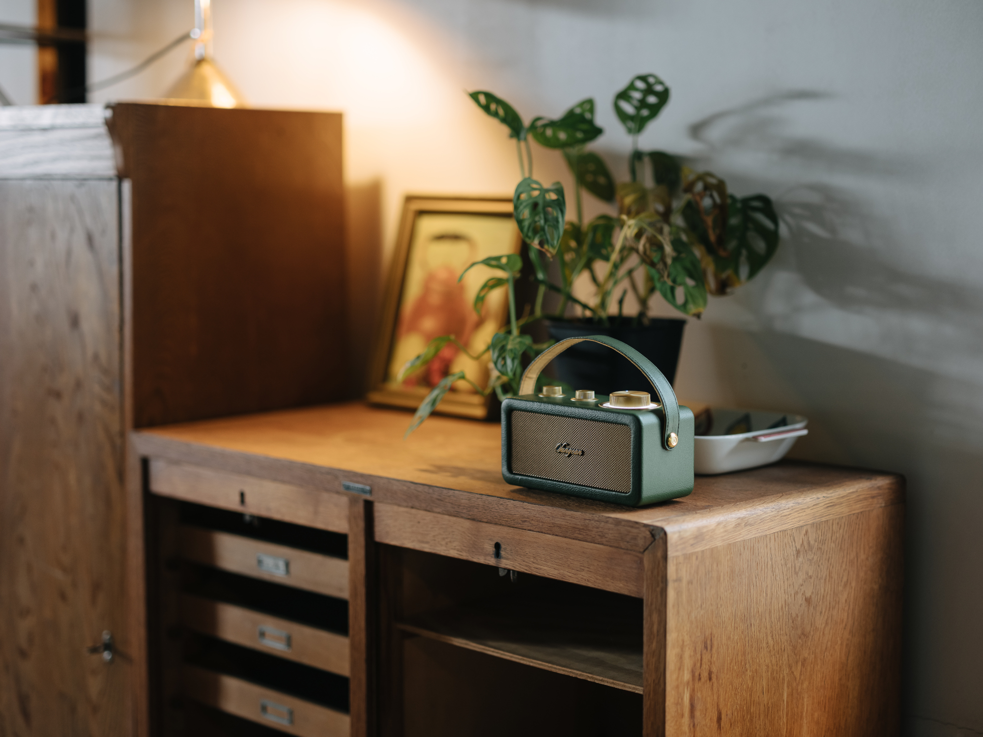 Un mobile in legno con una radio verde, un'immagine incorniciata e una pianta. La scena è illuminata da una luce ambiente calda.