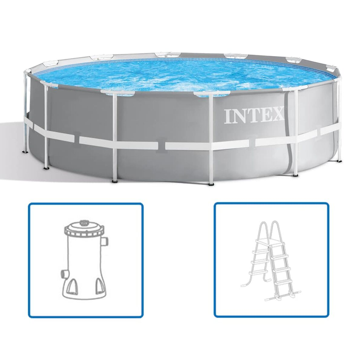 Ein Intex-Aufstellpool mit blauem Wasser. Er hat eine graue Seite und weiße Stützbalken. Darunter zwei Diagramme eines Filters und einer Leiter.