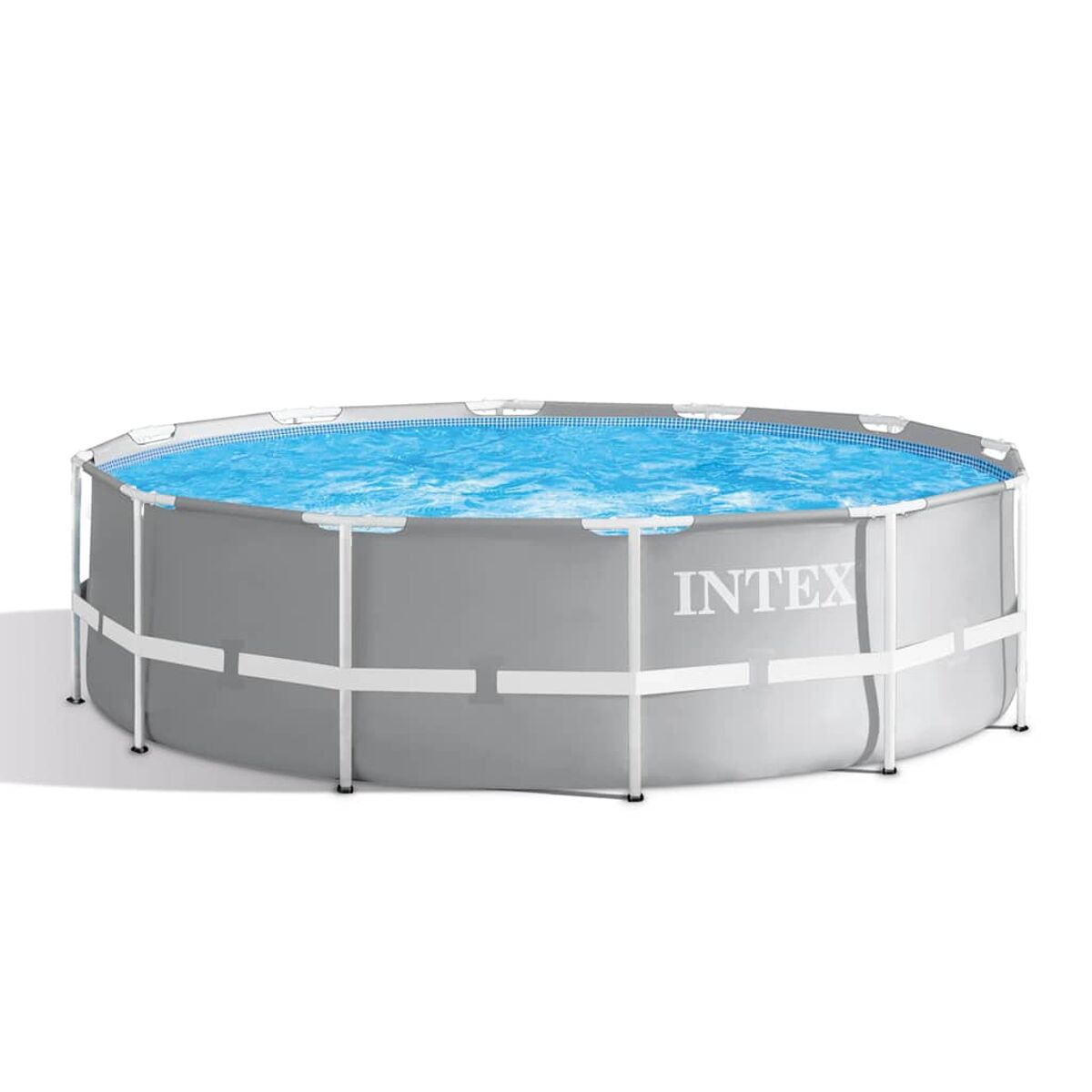 Ein oberirdischer, runder Intex-Pool, gefüllt mit blauem Wasser. Der Pool hat eine graue Außenseite mit weißen Stützbalken.
