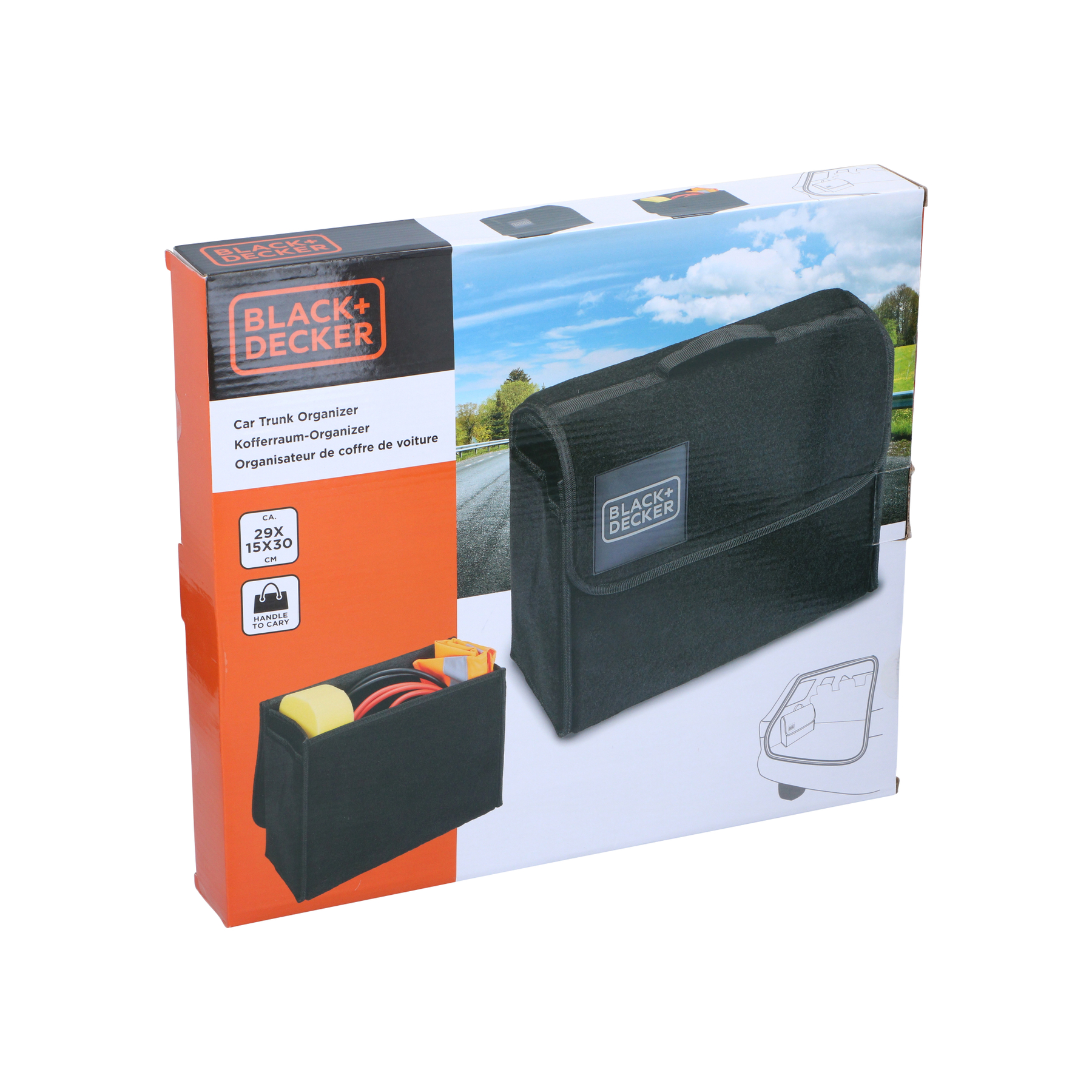 Een Black+Decker auto kofferbak organizer. De doos toont de organizer, een zwarte tas met het merklogo. De doos is oranje en wit.