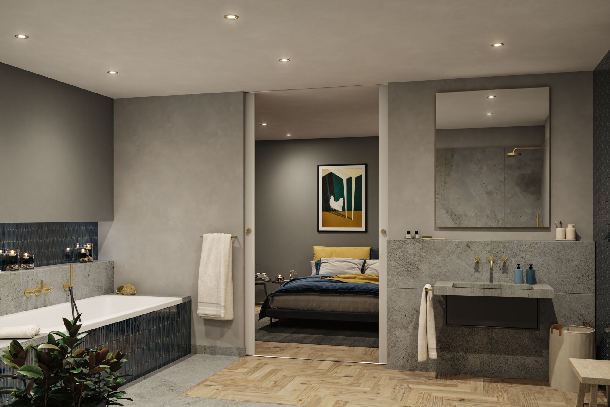 Badezimmer mit Badewanne, Waschbecken und Blick in ein Schlafzimmer. Neutrale Töne, modernes Design. Enthält Pflanzen, Handtücher und ein Gemälde.
