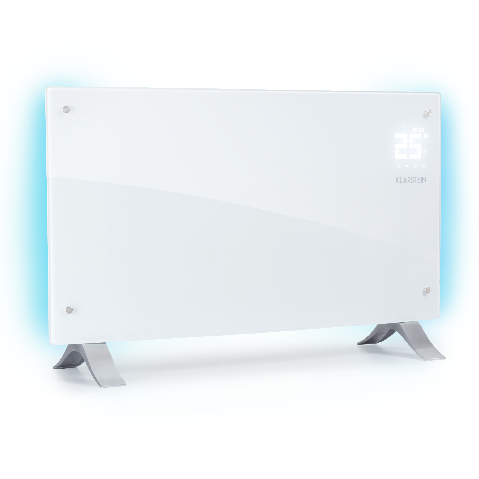 Un calefactor eléctrico Klarstein blanco. Tiene una pantalla digital y patas plateadas. El fondo es blanco y azul claro.