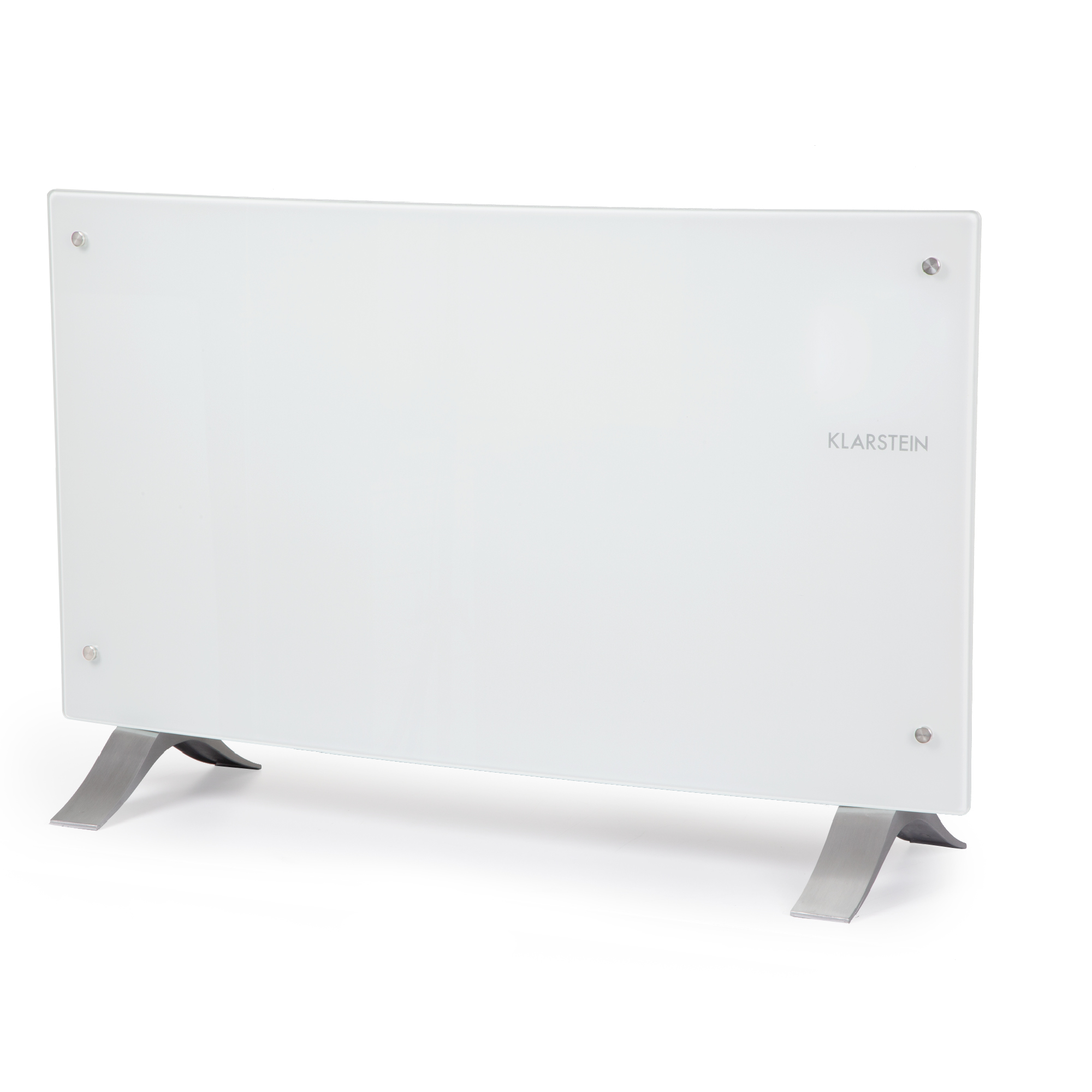 Un calefactor eléctrico Klarstein blanco con frontal de cristal, soportado por dos pies de metal plateado. Está sobre fondo blanco.