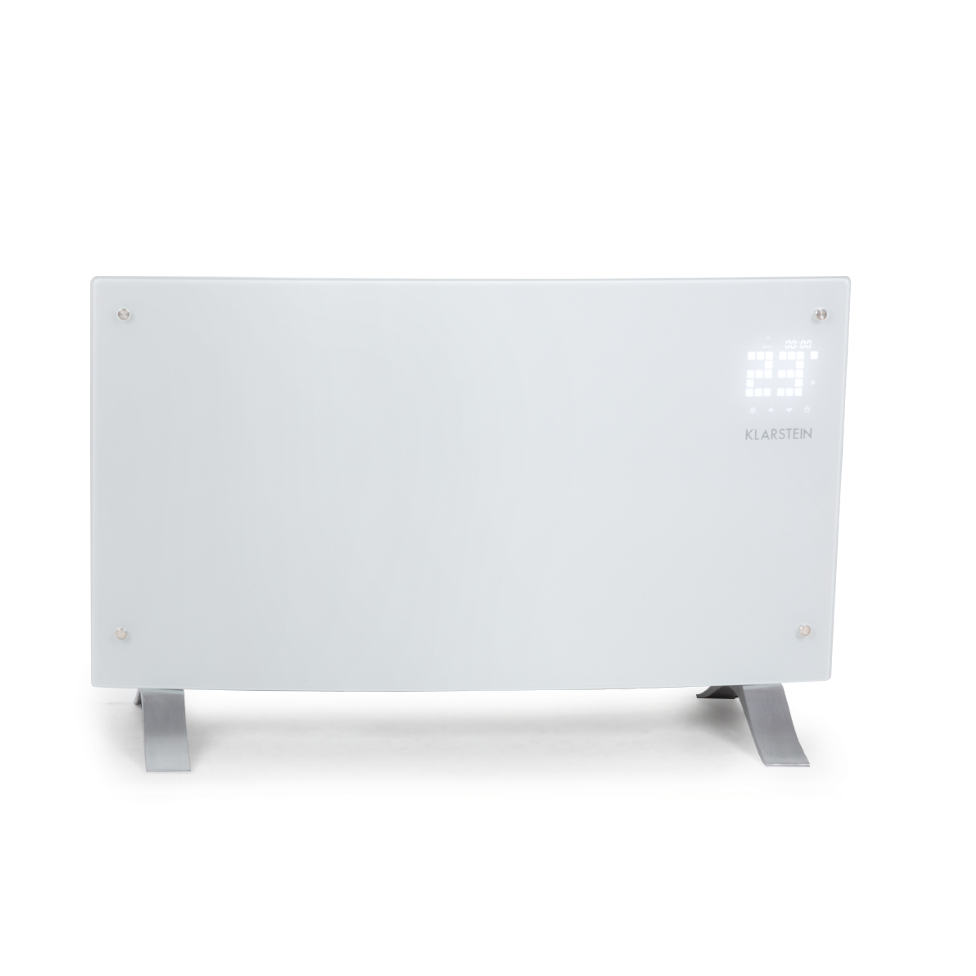 Un calefactor eléctrico Klarstein blanco con pantalla digital. Tiene patas de metal y está sobre un fondo blanco.
