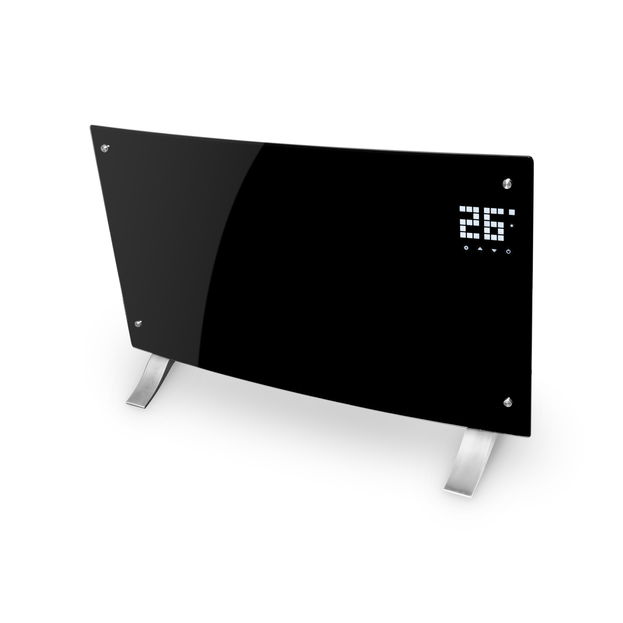 Un calefactor de panel de vidrio negro con pantalla digital que muestra 26 grados, sostenido por patas plateadas, sobre un fondo blanco.