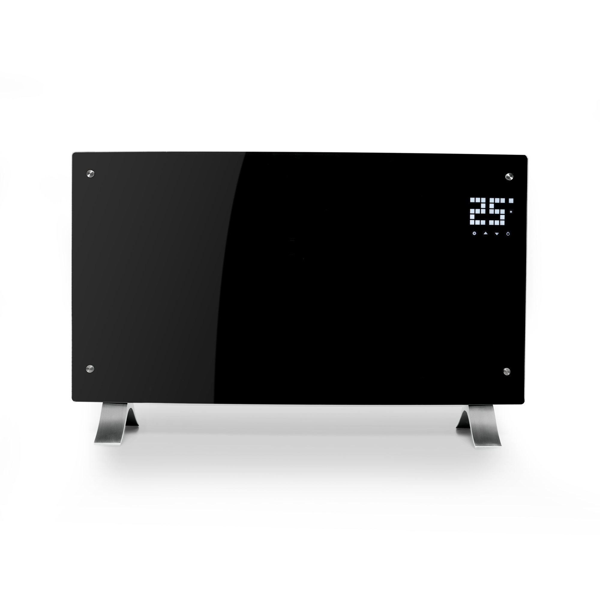 Un calefactor eléctrico negro con frontal de vidrio y pantalla digital que muestra 25. Está sobre una superficie blanca.