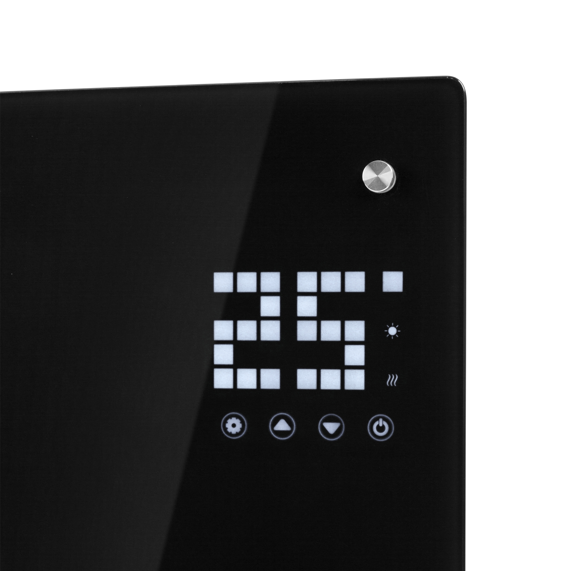 Un calentador digital negro que muestra el número 25. Tiene varios botones de control y un botón plateado en la parte superior.