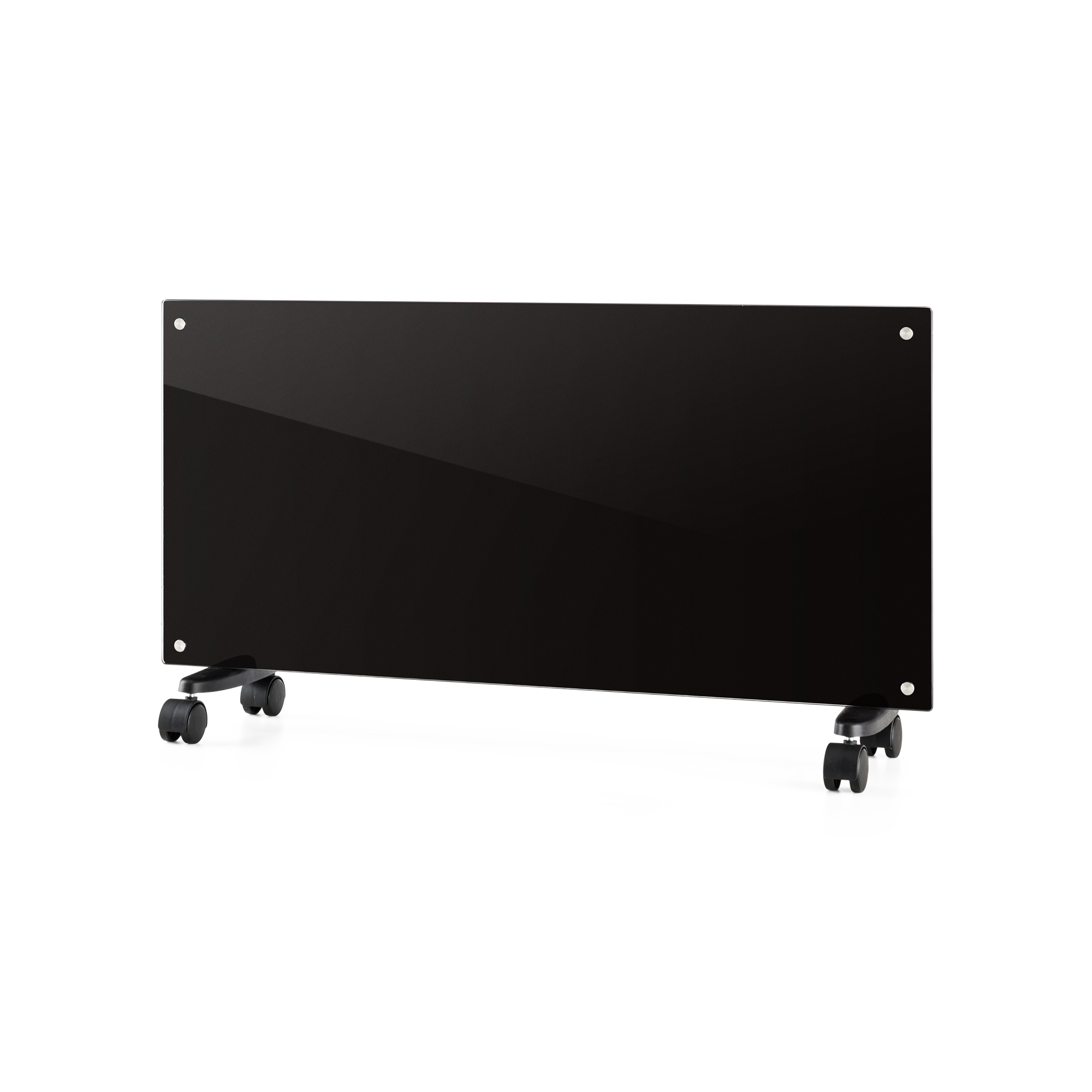 Un panel de vidrio negro y rectangular sobre ruedas. El panel es brillante y tiene cuatro pequeños puntos blancos. Está sobre un fondo blanco.