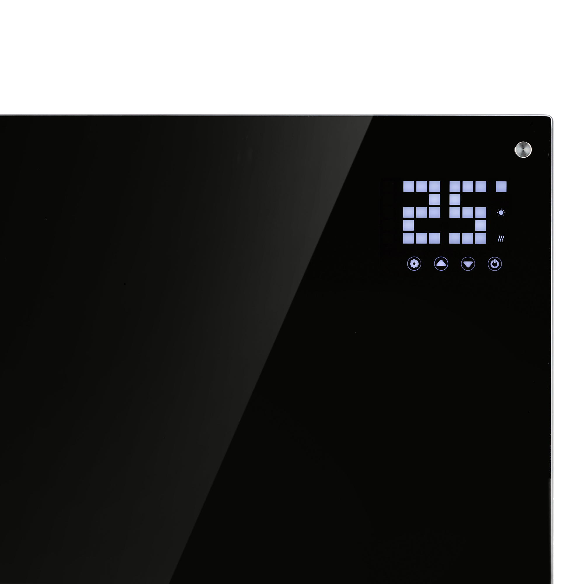 Panel negro con una pantalla digital que muestra 25 grados y botones de control.