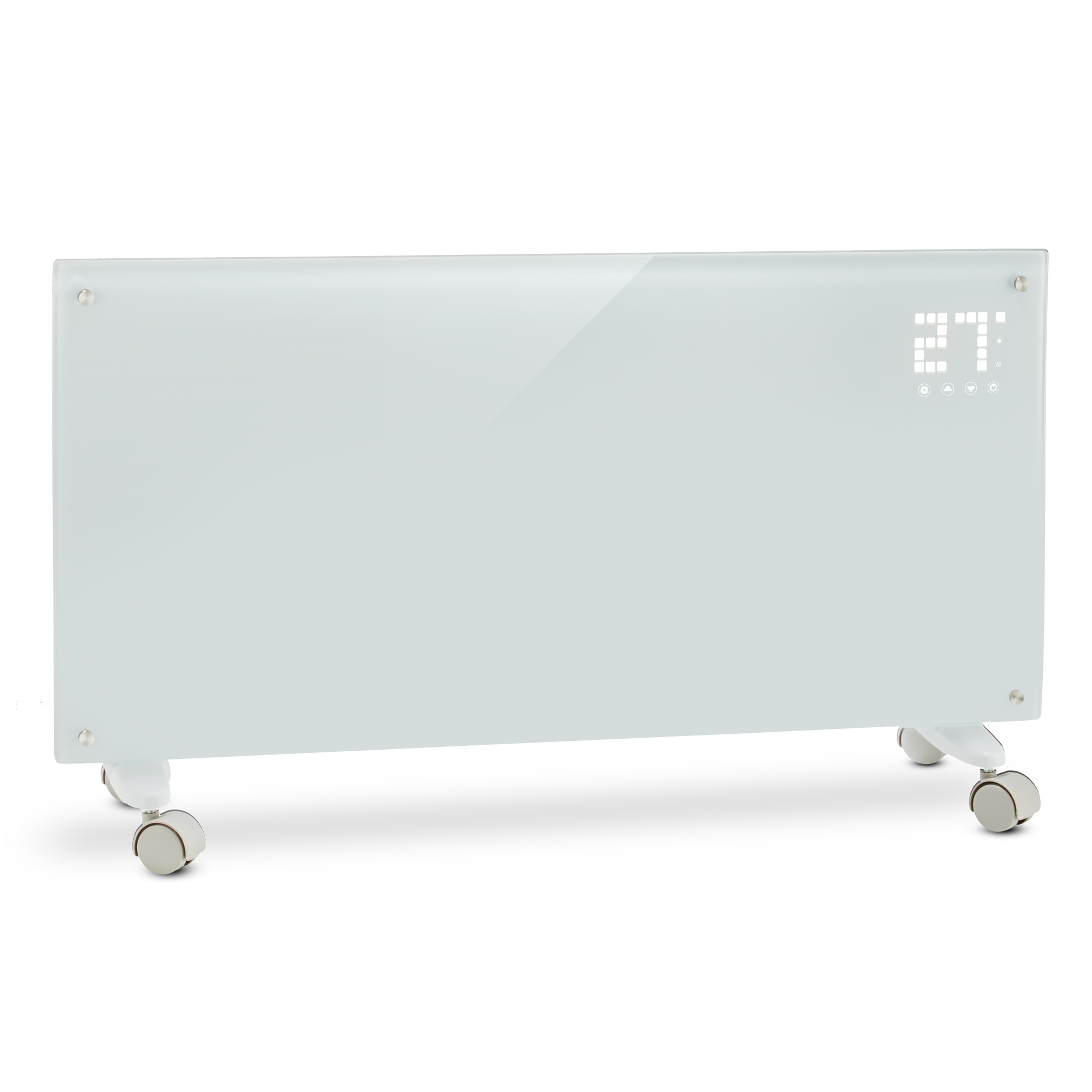 Un calefactor de panel de vidrio blanco con pantalla digital que muestra 27 grados. Tiene ruedas.