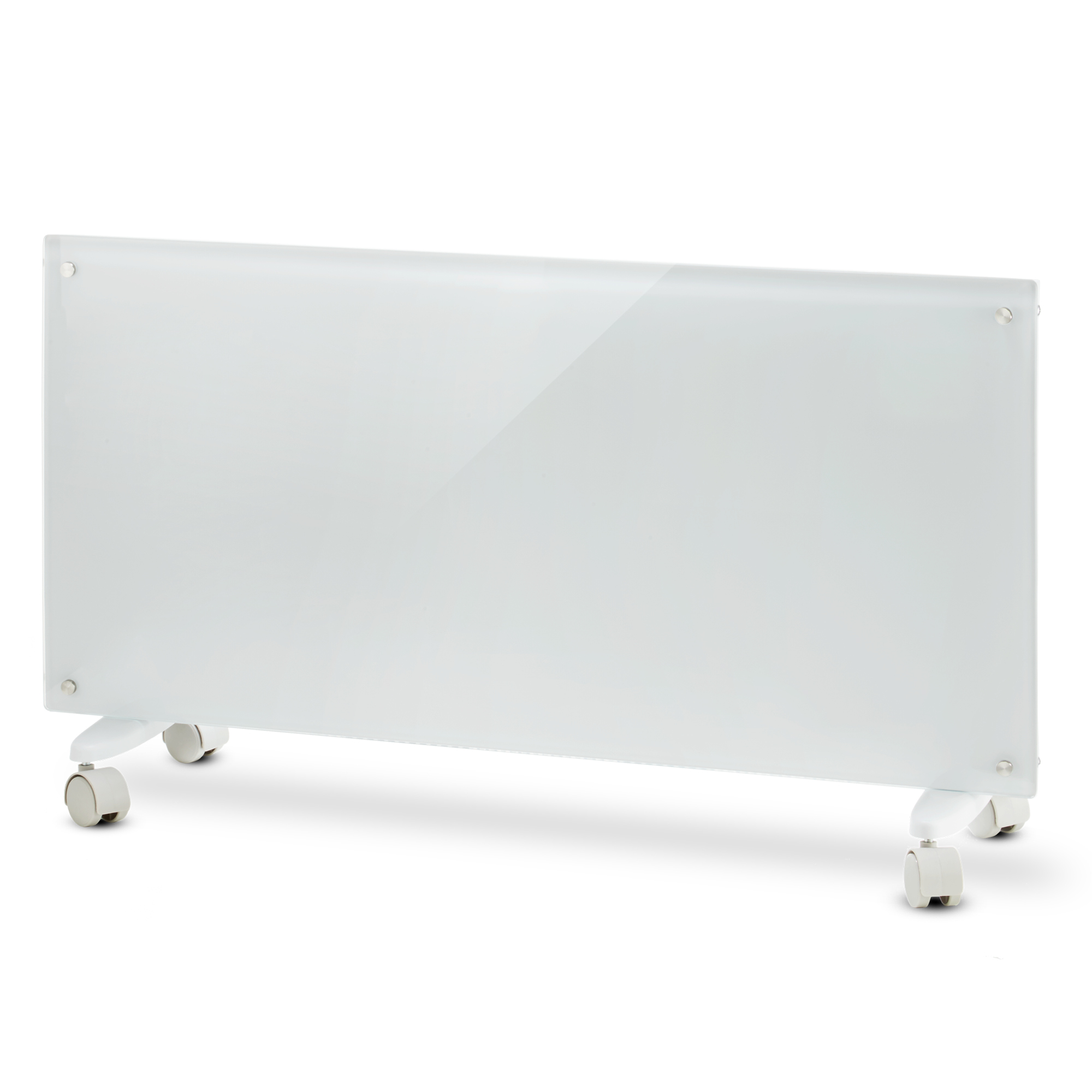 Un calefactor de panel de vidrio blanco sobre ruedas se encuentra sobre un fondo blanco. El calefactor es rectangular con esquinas redondeadas.