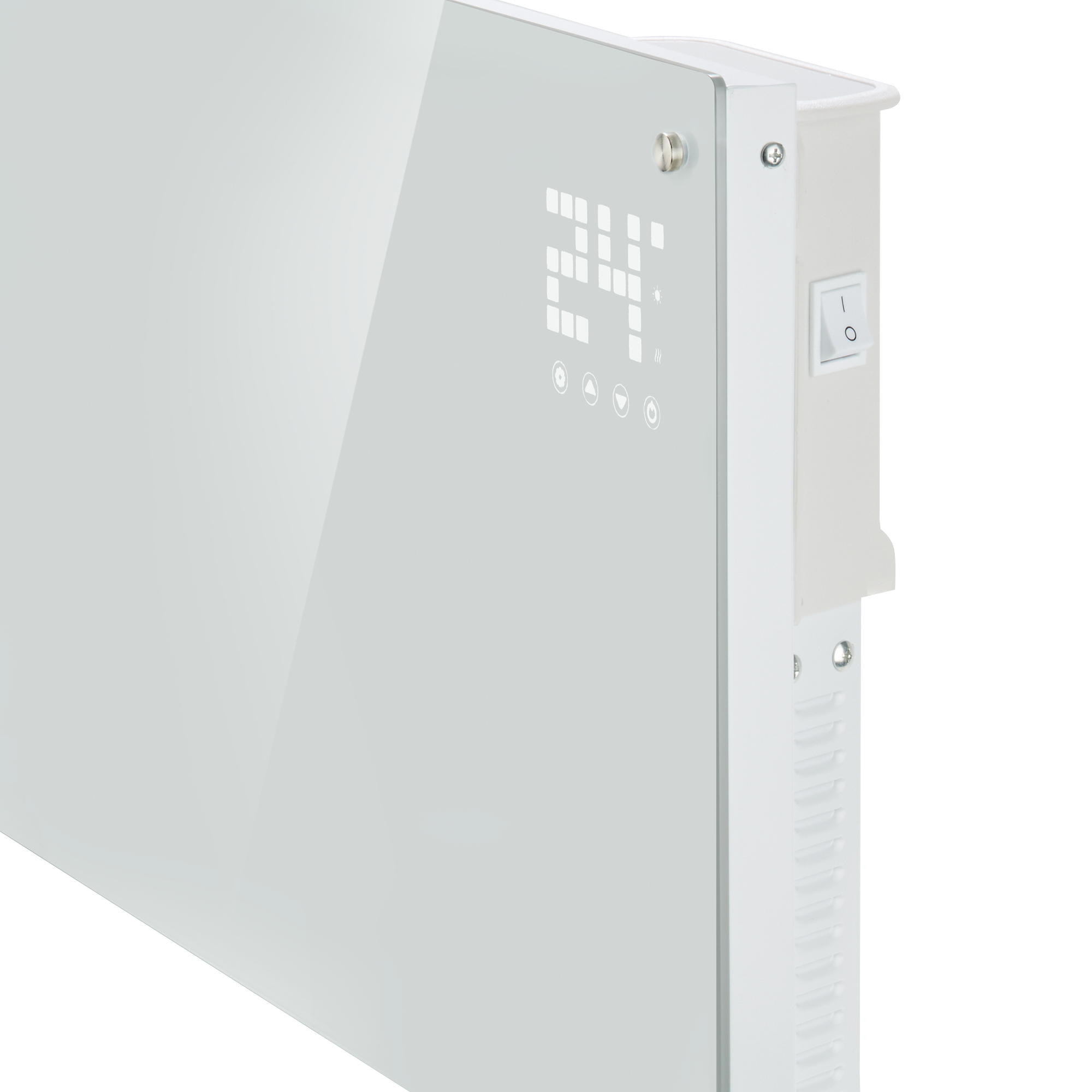 Un calentador eléctrico blanco con pantalla digital '24'. Tiene un interruptor y un panel de vidrio.