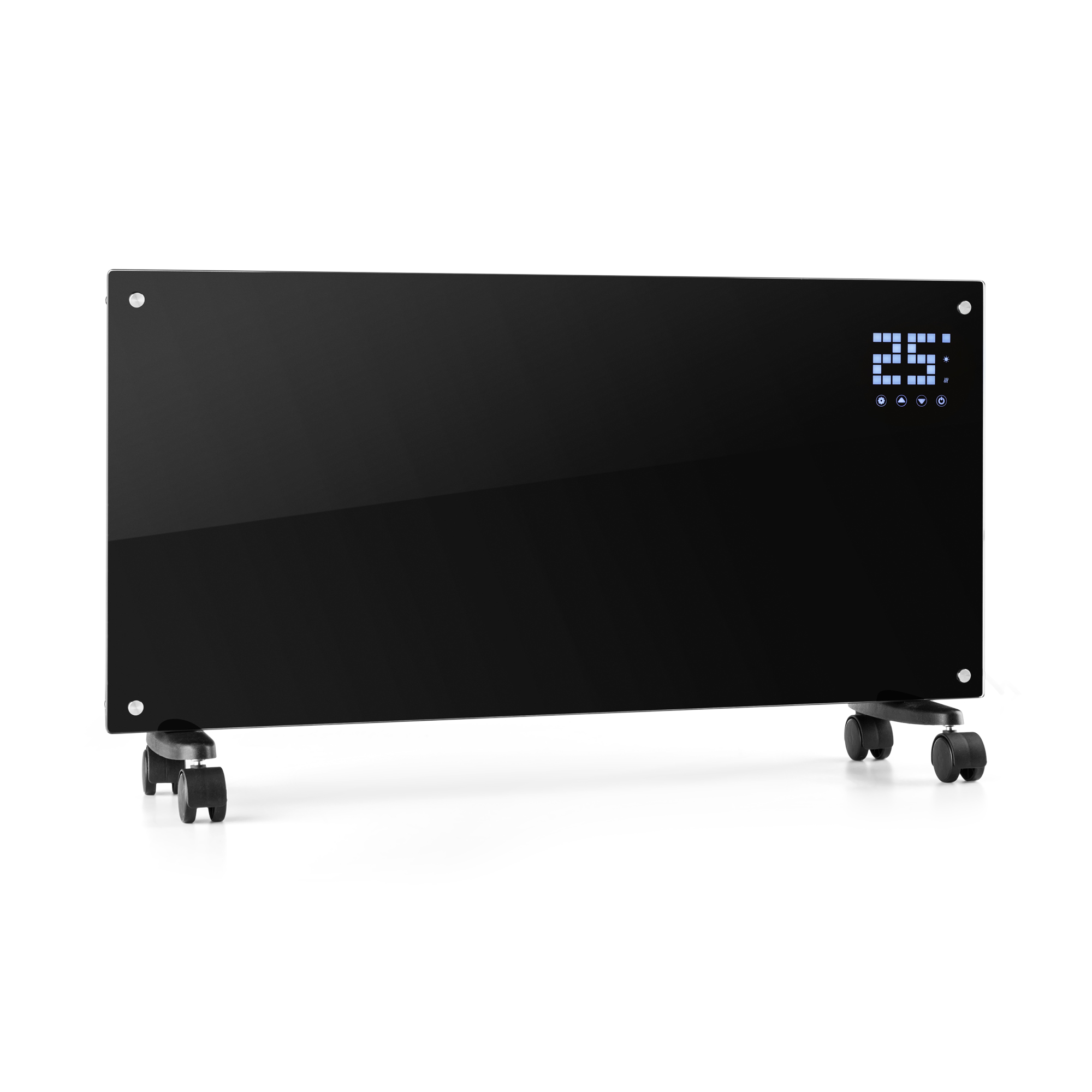 Un calefactor de panel de vidrio negro con pantalla digital que muestra 25 grados, montado sobre ruedas, sobre fondo blanco.